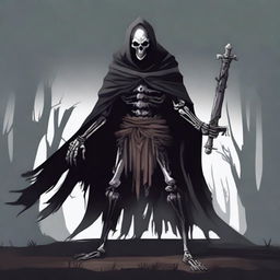 Create a shadowy humanoid bone monster wearing a tattered cape and holding a sword