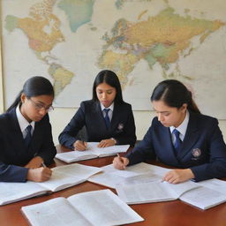 A dedicated group of Civil Service (CSS) aspirants intensely immersed in their studies, surrounded by books, highlighted notes, and world maps, portraying an atmosphere of ambition, discipline, and persistence.