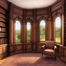 An illustration of a Victorian turret room library featuring a bay window