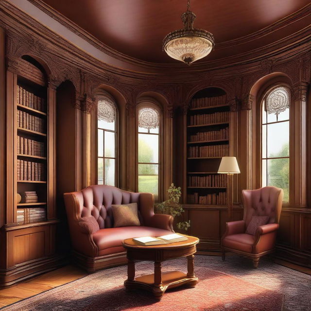 An illustration of a Victorian turret room library featuring a bay window