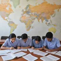 A dedicated group of Civil Service (CSS) aspirants intensely immersed in their studies, surrounded by books, highlighted notes, and world maps, portraying an atmosphere of ambition, discipline, and persistence.