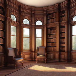 An illustration of a Victorian turret room library featuring a bay window