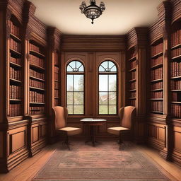 An illustration of a Victorian turret room library featuring a bay window