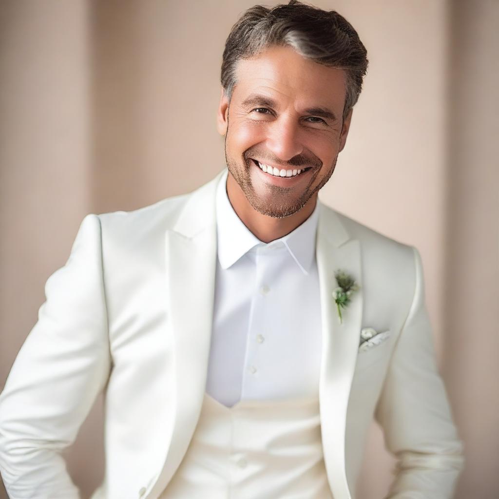 Um homem branco lindo, com traços faciais atraentes e um sorriso encantador