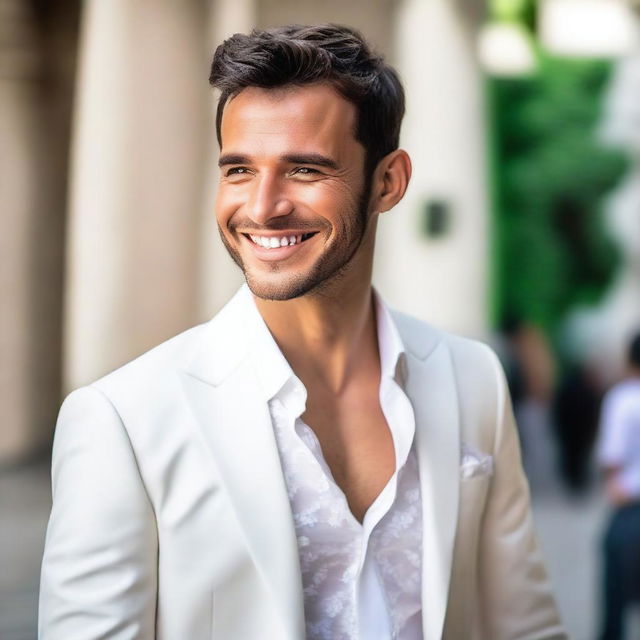 Um homem branco lindo, com traços faciais atraentes e um sorriso encantador