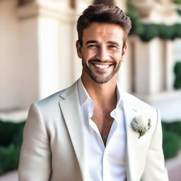 Um homem branco lindo, com traços faciais atraentes e um sorriso encantador