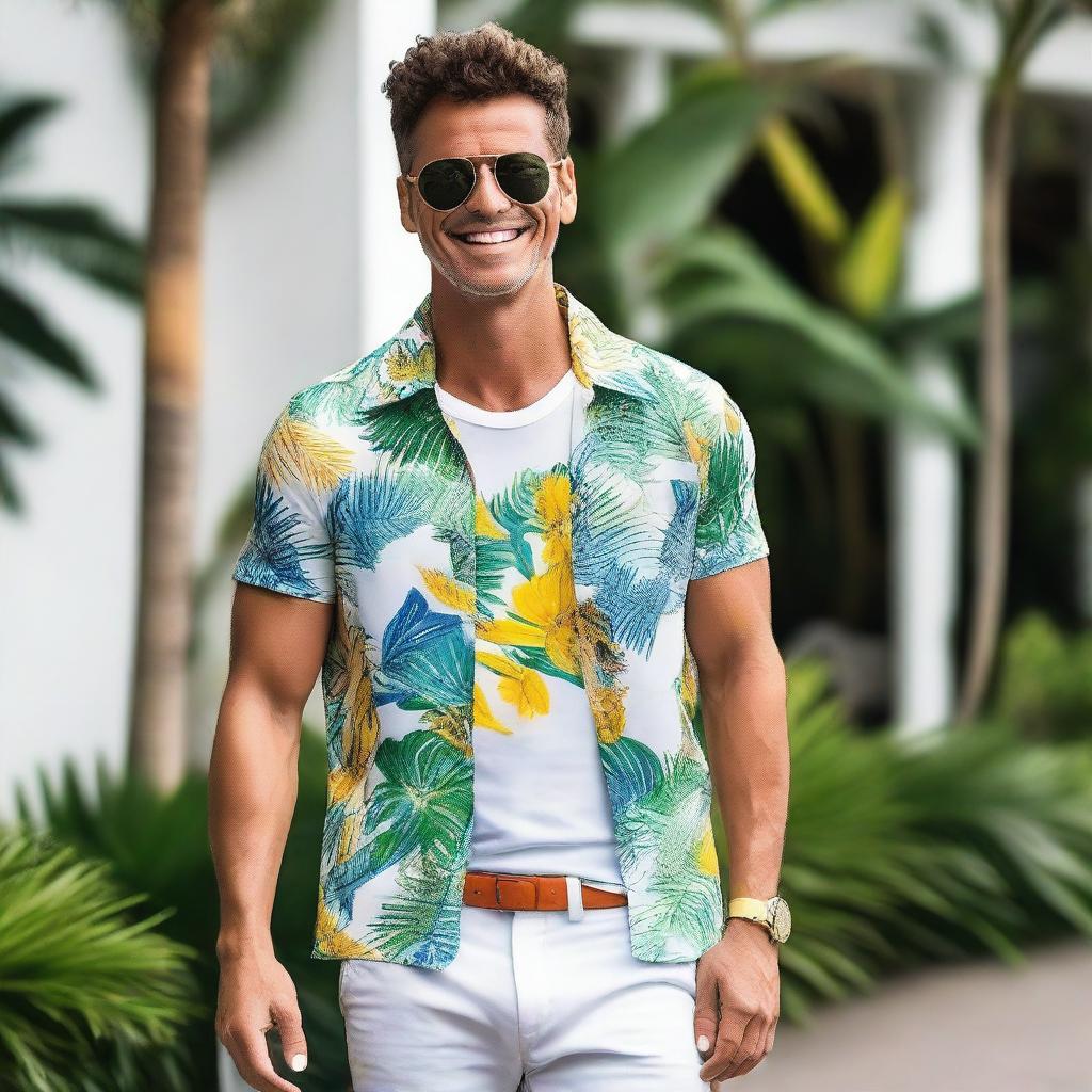 Um homem branco lindo, com traços faciais atraentes e um sorriso encantador, vestindo roupas no estilo da moda brasileira