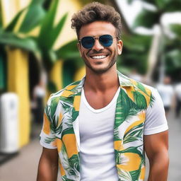 Um homem branco lindo, com traços faciais atraentes e um sorriso encantador, vestindo roupas no estilo da moda brasileira