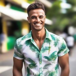 Um homem branco lindo, com traços faciais atraentes e um sorriso encantador, vestindo roupas no estilo da moda brasileira