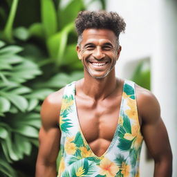 Um homem branco lindo, com traços faciais atraentes e um sorriso encantador, vestindo roupas no estilo da moda brasileira