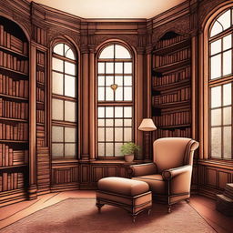 An illustration of a Victorian turret room library with a large window