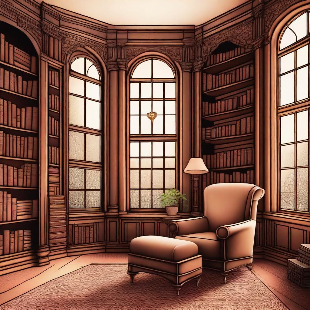An illustration of a Victorian turret room library with a large window