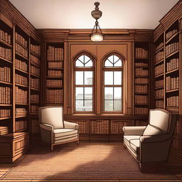 An illustration of a Victorian turret room library with a large window