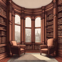 An illustration of a Victorian turret room library with a large window