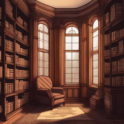 An illustration of a Victorian turret room library with a large window