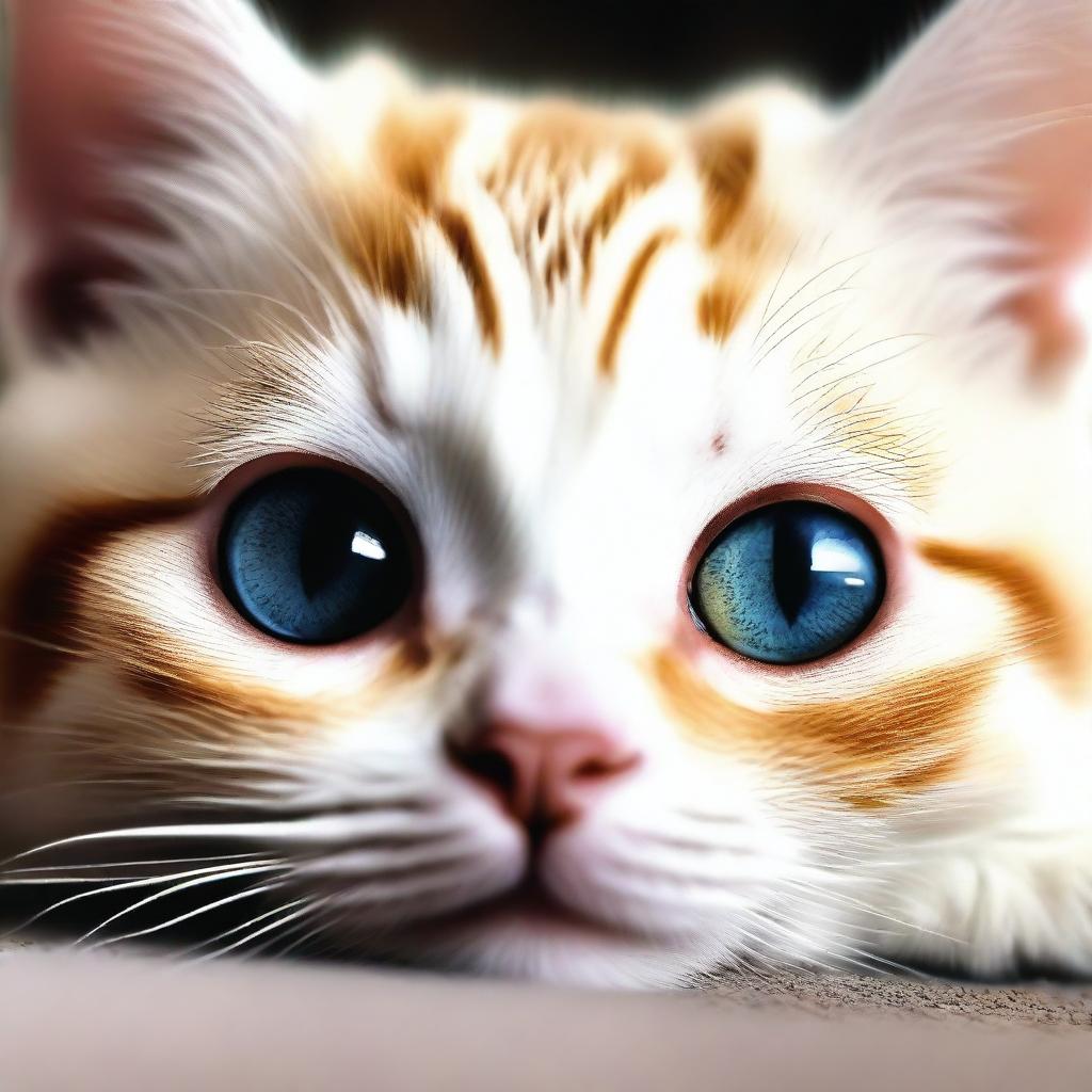 Um gatinho pequeno e adorável com olhos grandes e tristes, com lágrimas escorrendo pelo rosto