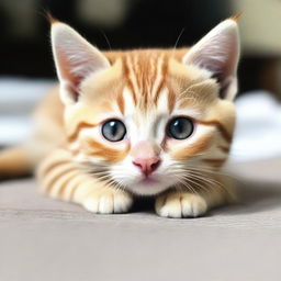 Um gatinho pequeno e adorável com olhos grandes e tristes, com lágrimas escorrendo pelo rosto