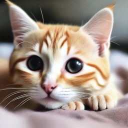 Um gatinho pequeno e adorável com olhos grandes e tristes, com lágrimas escorrendo pelo rosto