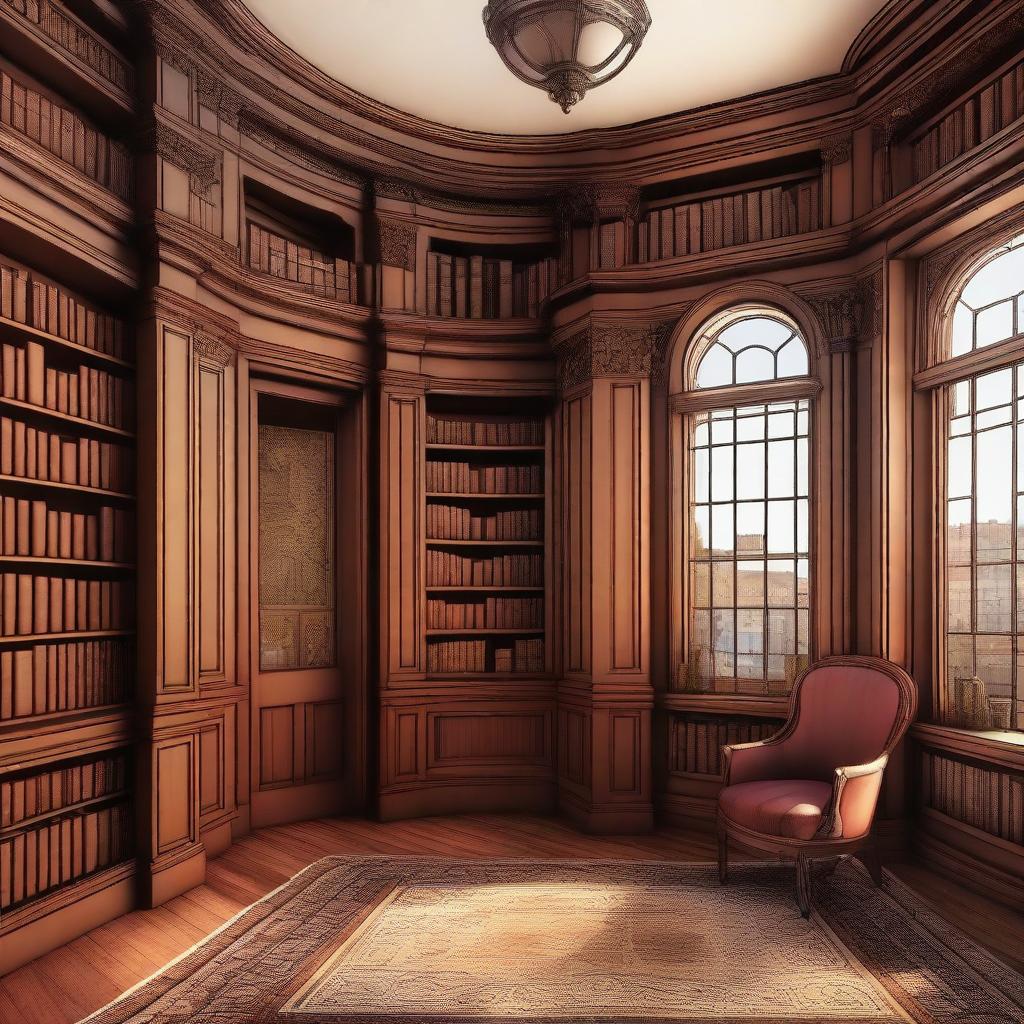 An illustration of a Victorian turret room library