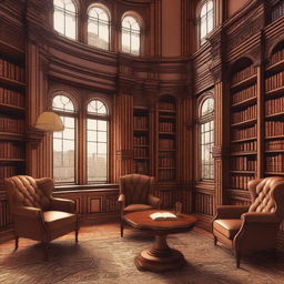 An illustration of a Victorian turret room library