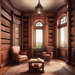 An illustration of a Victorian turret room library