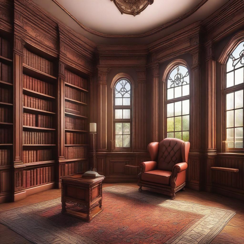 An illustration of a Victorian turret room library