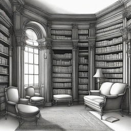 A detailed sketch of a Victorian turret room library