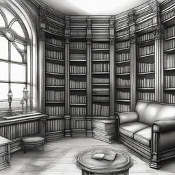 A detailed sketch of a Victorian turret room library