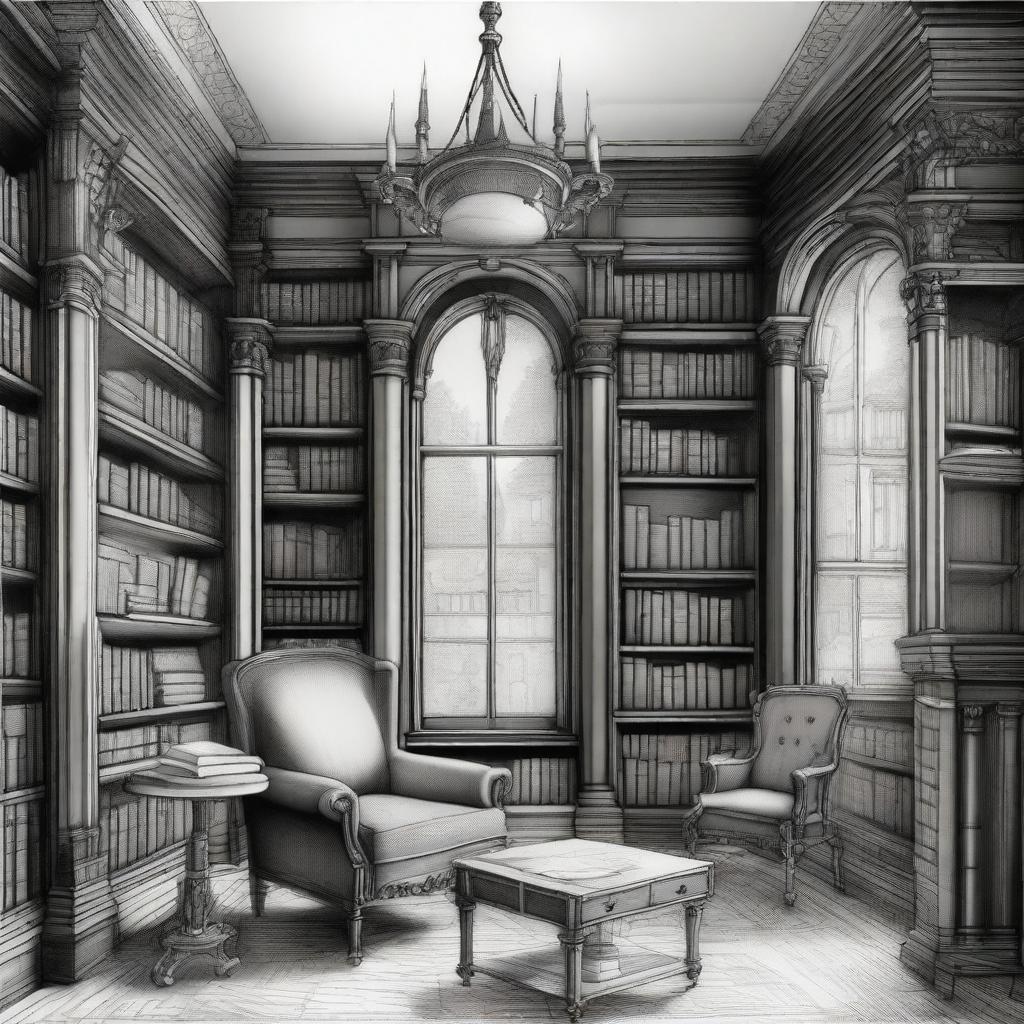 A detailed sketch of a Victorian turret room library