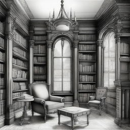 A detailed sketch of a Victorian turret room library