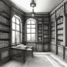 A detailed sketch of a Victorian turret room library