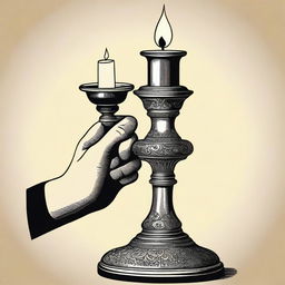 An illustration of a hand holding a vintage 1800s candlestick with a handle