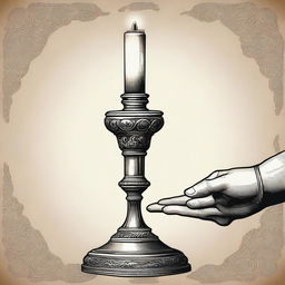 An illustration of a hand holding a vintage 1800s candlestick with a handle