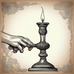 An illustration of a hand holding a vintage 1800s candlestick with a handle