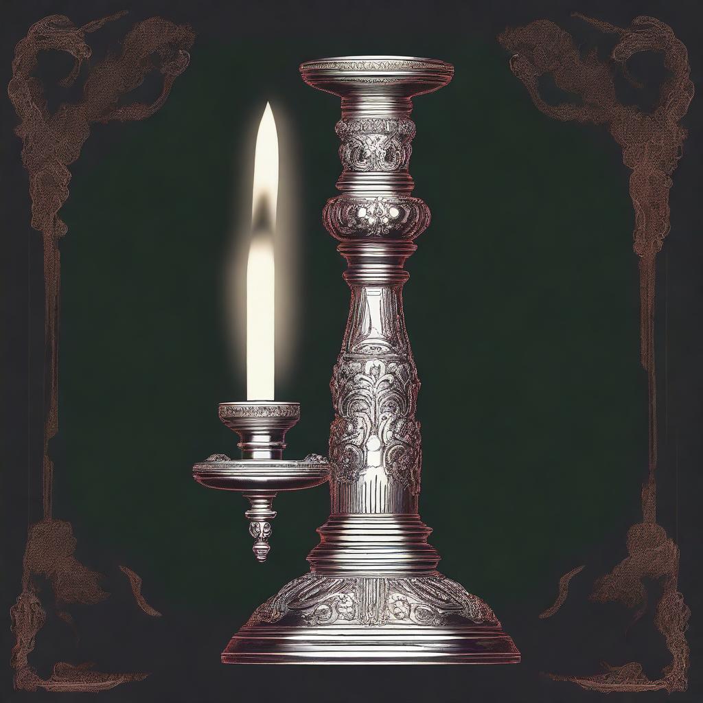 An illustration of a hand holding a vintage 1800s candlestick with a handle