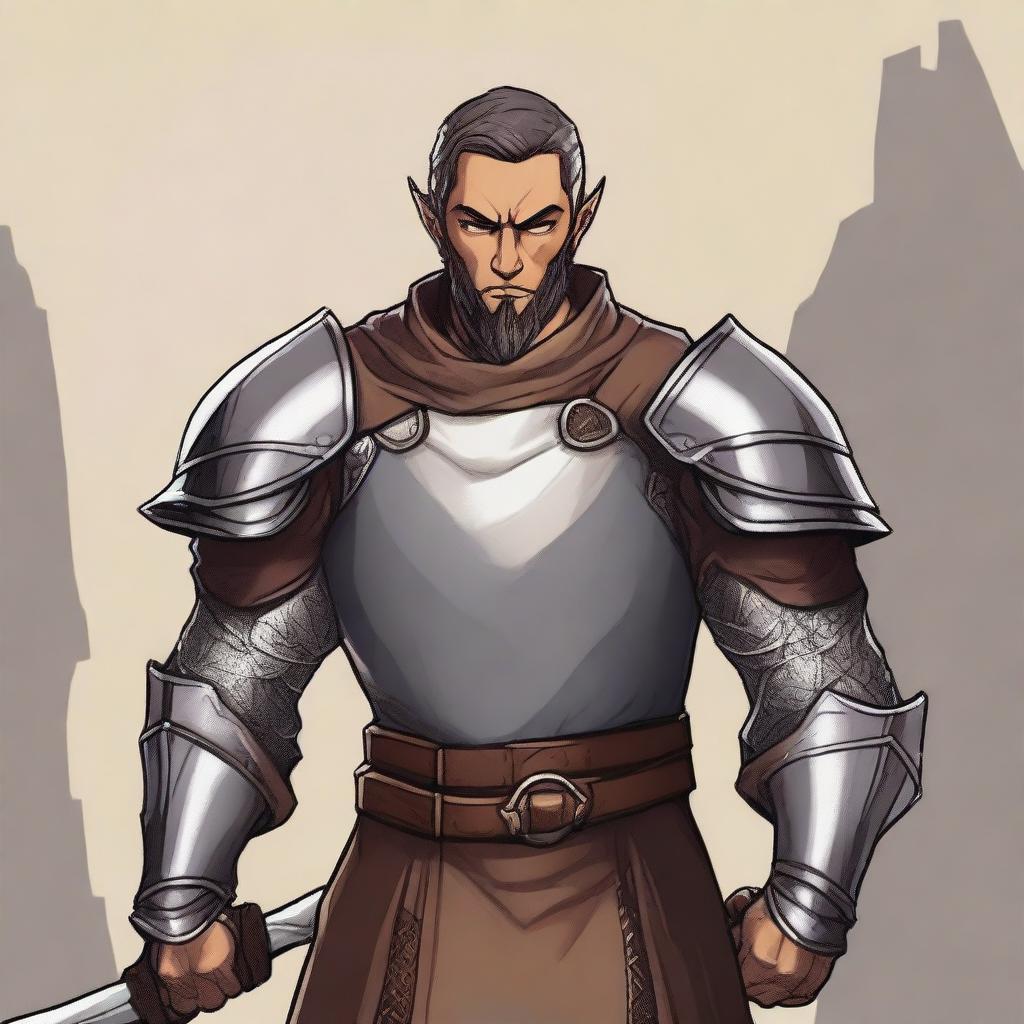 A standing light brown-skinned half-elf paladin with short black hair and a beard, wearing chain mail armor