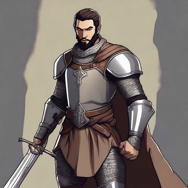 A standing light brown-skinned half-elf paladin with short black hair and a beard, wearing chain mail armor