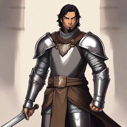 A standing light brown-skinned half-elf paladin with short black hair and a beard, wearing chain mail armor