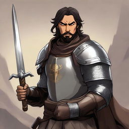 A standing light brown-skinned half-elf paladin with short black hair and a beard, wearing chain mail armor