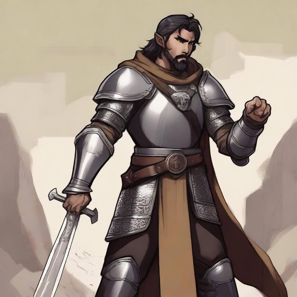 A standing light brown-skinned half-elf paladin with short black hair and a beard, wearing chain mail armor