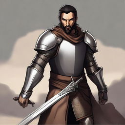 A standing light brown-skinned half-elf paladin with short black hair and a beard, wearing chain mail armor