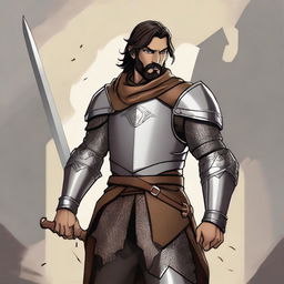 A standing light brown-skinned half-elf paladin with short black hair and a beard, wearing chain mail armor