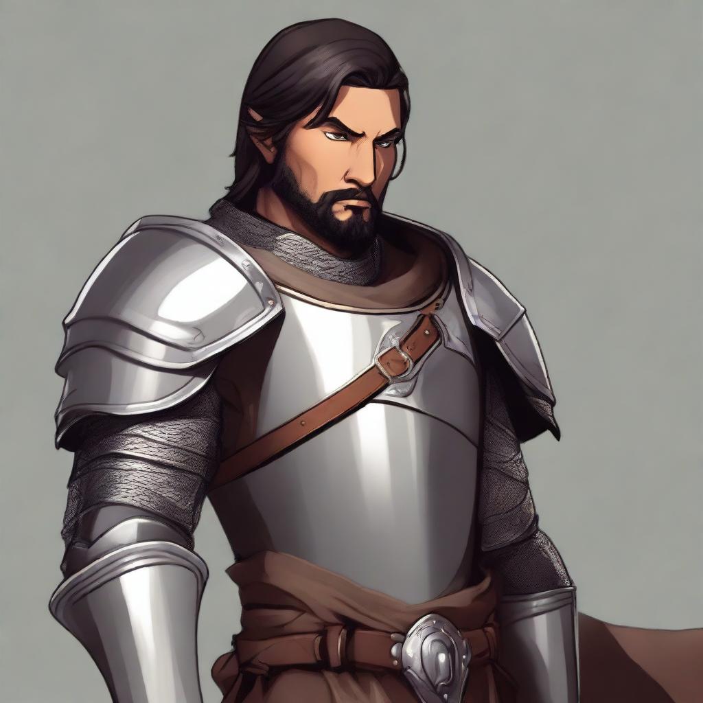 A standing light brown-skinned half-elf paladin with short black hair and a beard, wearing chain mail armor