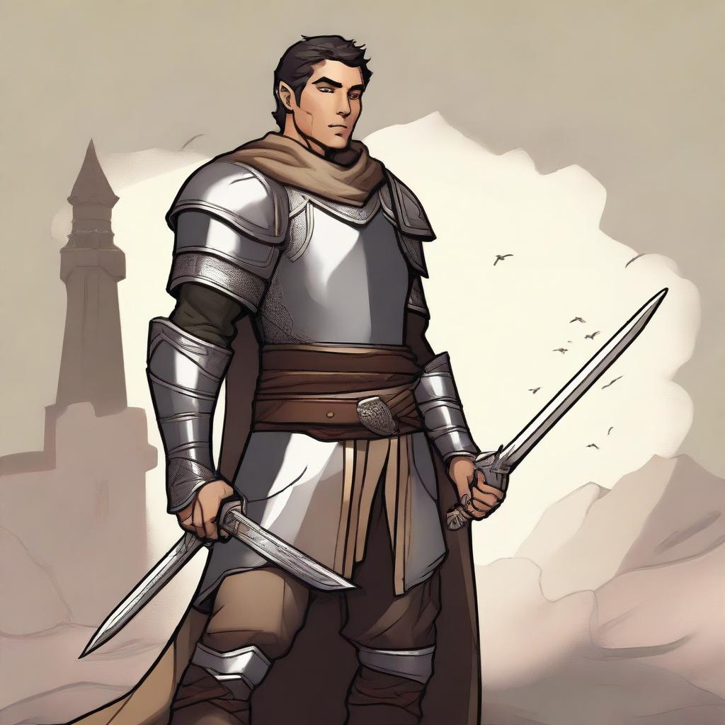 A standing light brown-skinned elf paladin with short black hair and a short beard, wearing chain mail armor