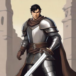 A standing light brown-skinned elf paladin with short black hair and a short beard, wearing chain mail armor