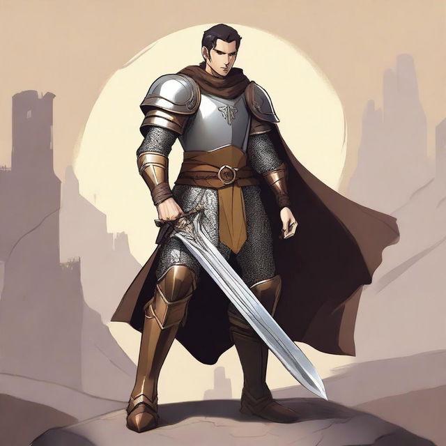 A standing light brown-skinned elf paladin with short black hair and a short beard, wearing chain mail armor