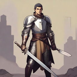 A standing light brown-skinned elf paladin with short black hair and a short beard, wearing chain mail armor