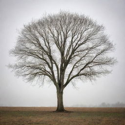 A single, leafless tree centrally placed in an expansive autumnal grassland. The bare branches of the tree, standing alone yet resilient, symbolizes hope amidst the fall season.