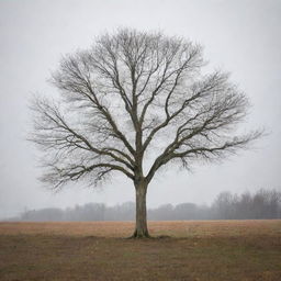 A single, leafless tree centrally placed in an expansive autumnal grassland. The bare branches of the tree, standing alone yet resilient, symbolizes hope amidst the fall season.