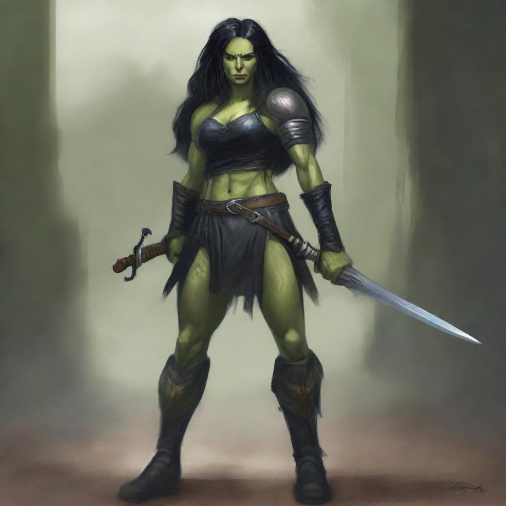 A standing female olive green-skinned half-orc rogue with long black hair, wearing black leather armor, and holding a rapier